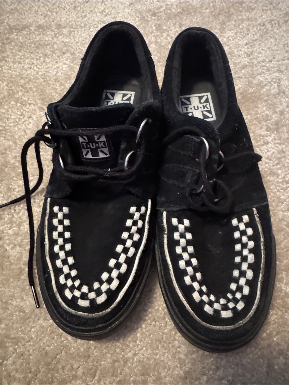 T.U.K Black Suede Creepers with White Checker Trim